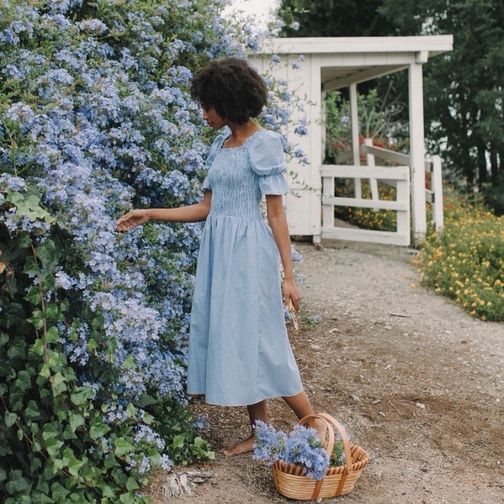 Damaris Bailey Azul Dress Smocked Puff Sleeve Midi Gingham Blue Large NWT